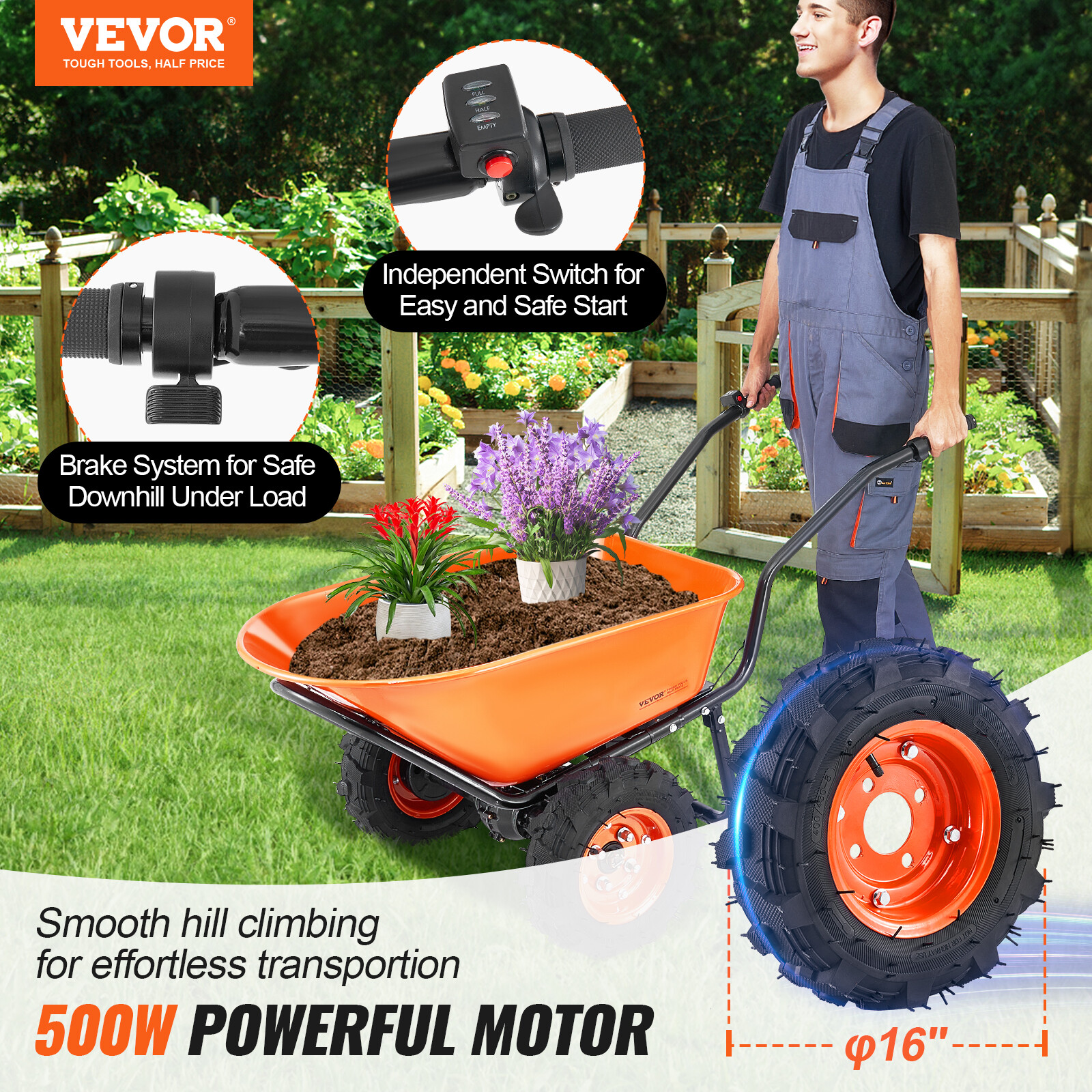 VEVOR Electric Wheelbarrow Cart One Wheel 7 Cu Ft Powered Dump Cart 573 lbs