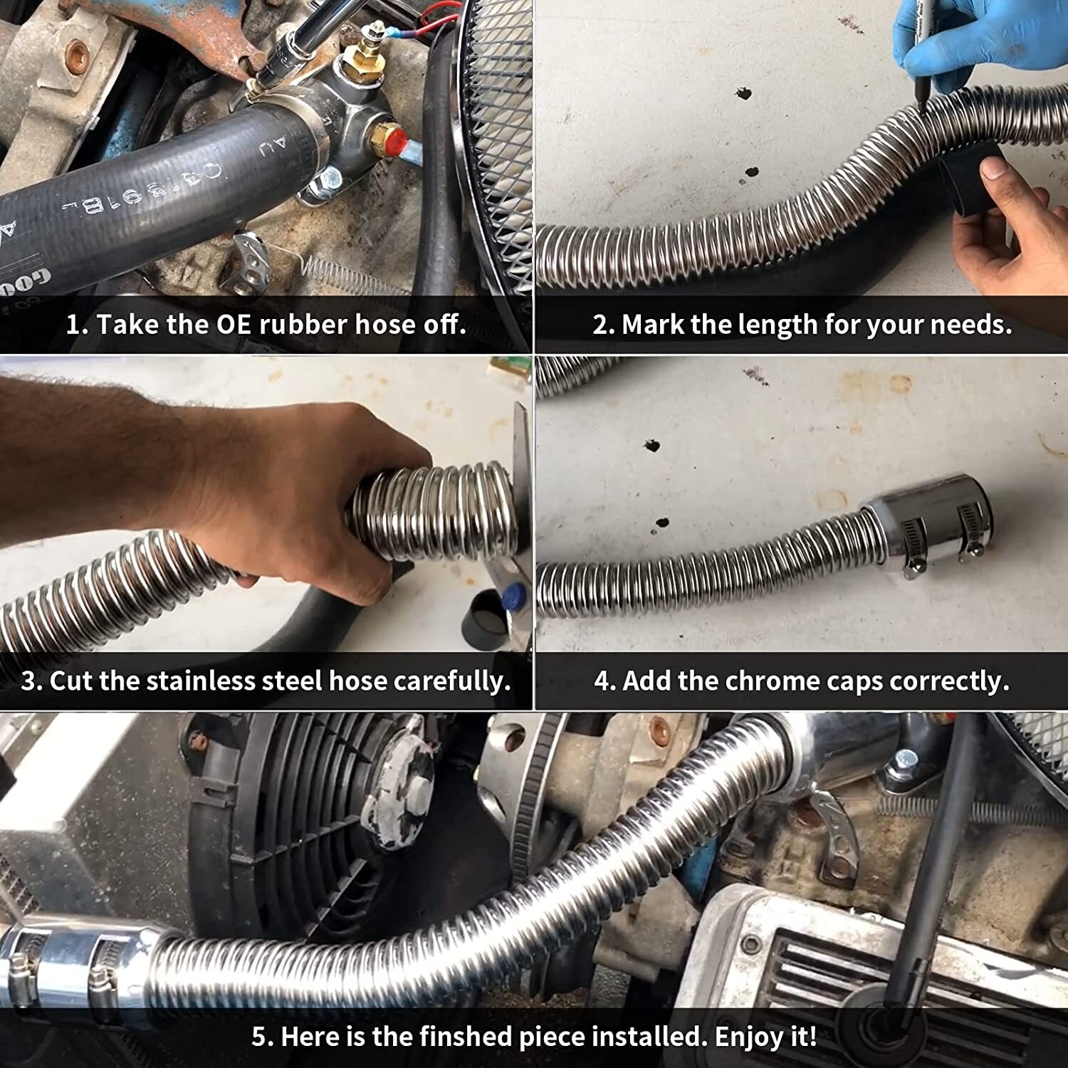 48" Stainless Steel Radiator Universal Flexible Coolant Water Hose Kit with Caps