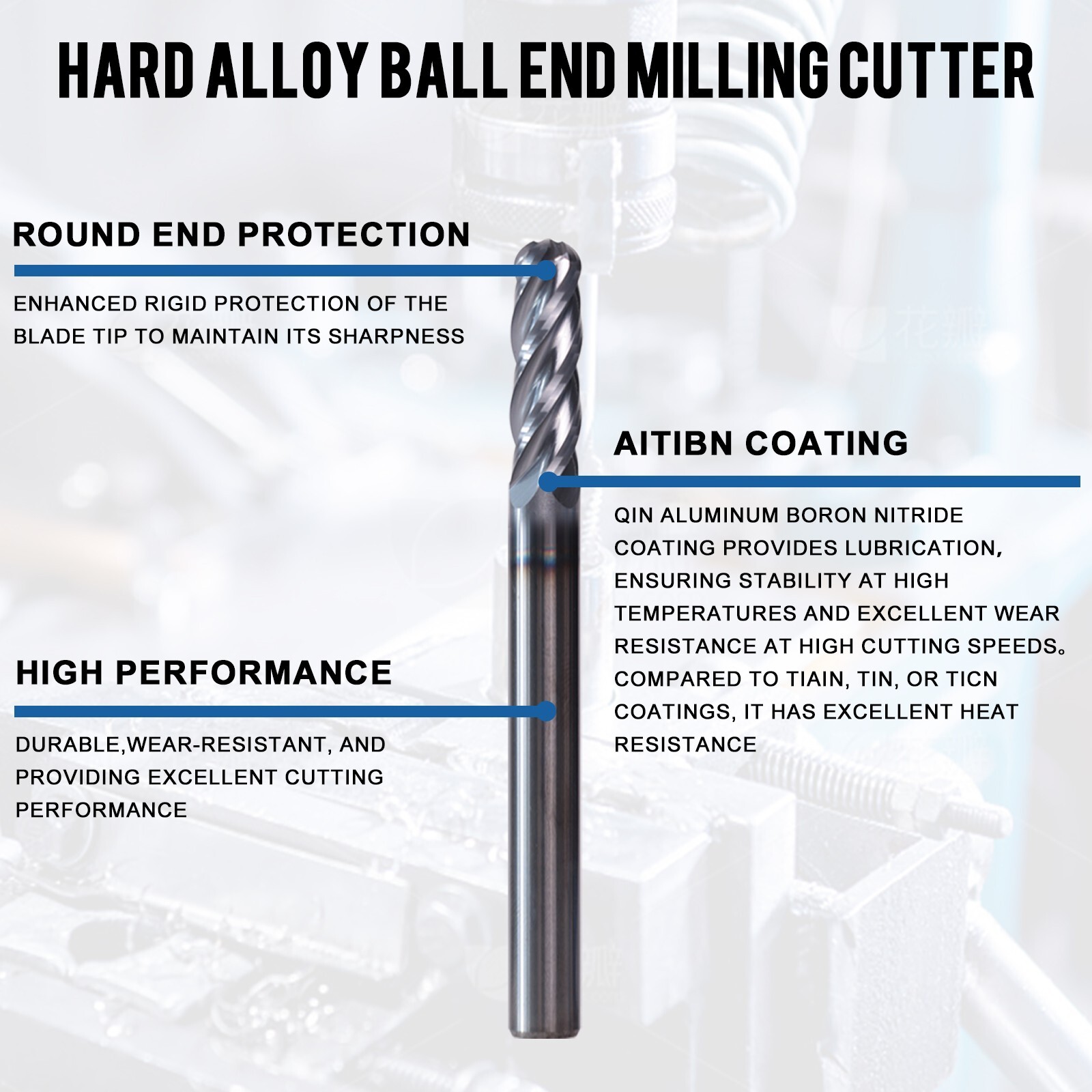 5 PCS 3/16" 4 Flute 2" Overall Length Ball Nose Carbide End Mill AlTiN Coated