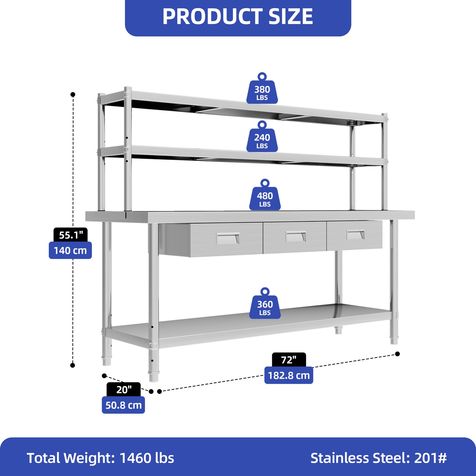 72" X 24" Worktable Stainless Steel Table with Overshelves with 72" X 12" Shelf