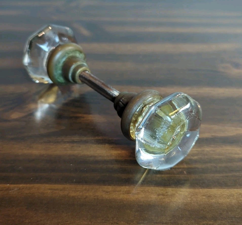 8 Point Crystal Glass Door Knob Set W/ Brass Hardware Spindle Art Deco Antique