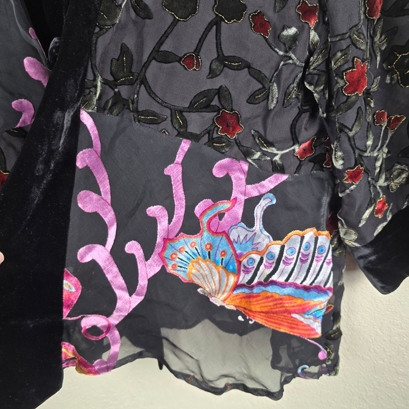 Aris A. Silk Blend Velvet Devore Kimono Cardigan Butterfly Floral 1XL Plus Size