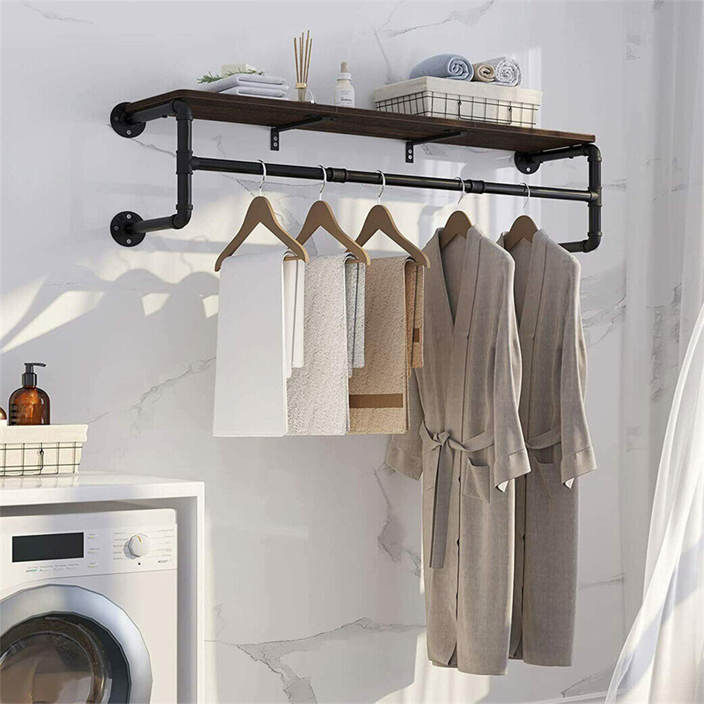 Clothes Rack w/ Top Shelf Industrial Pipe Wall Mounted Garment Rack Hanging Rail