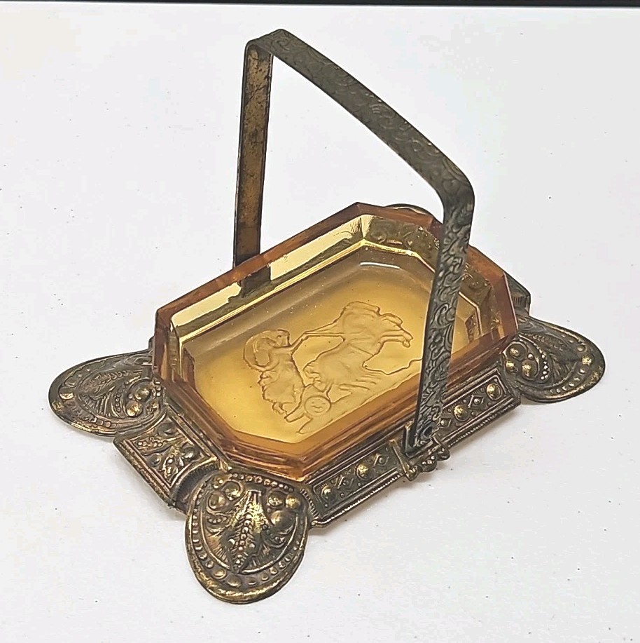 Antique Czech Amber Glass Salt Cellar Intaglio Design Ornate Brass Holder RARE