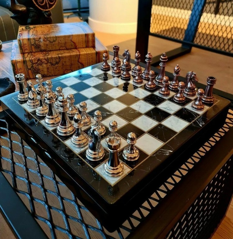 Luxury Chess Set with Storage 14.5" Marble & Wood Board Handmade Christmas Gifts