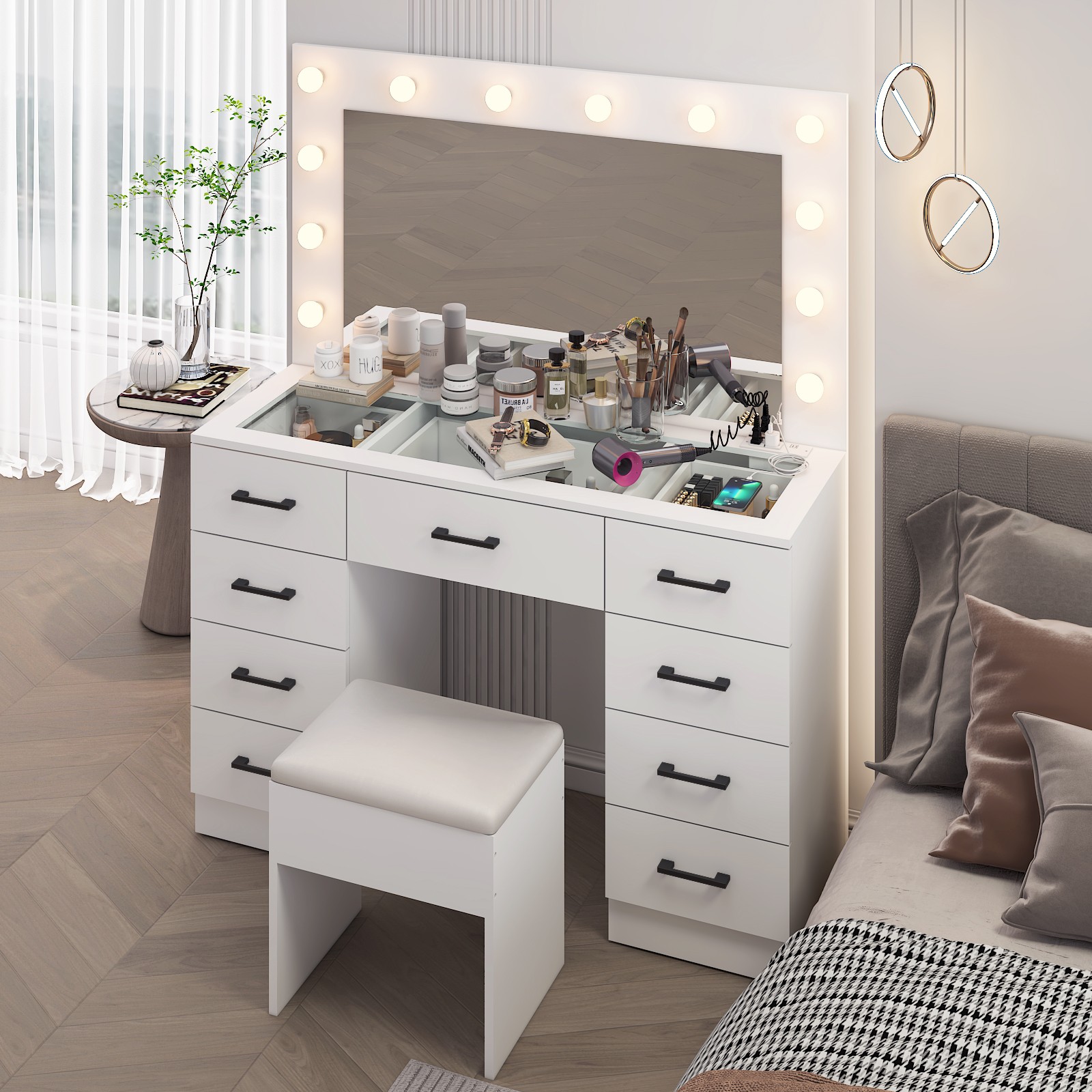 45.3 x 15.7 x 29.5-55.1 Inches Vanity Desk with Large Lighted Mirror & Lights