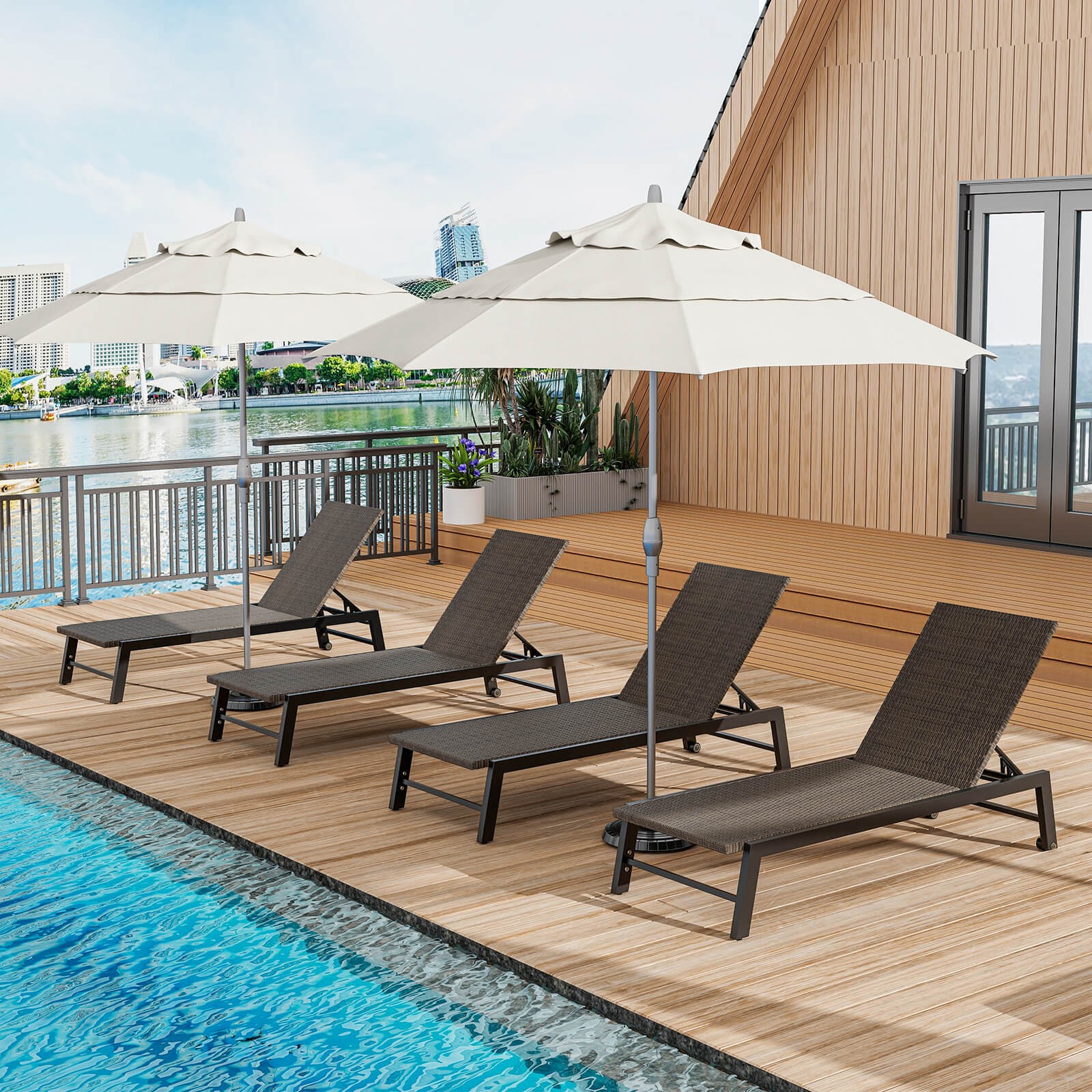 2PCS PE Wicker Outdoor Chaise Lounge Chair w/Wheels Reclining Chair for Poolside