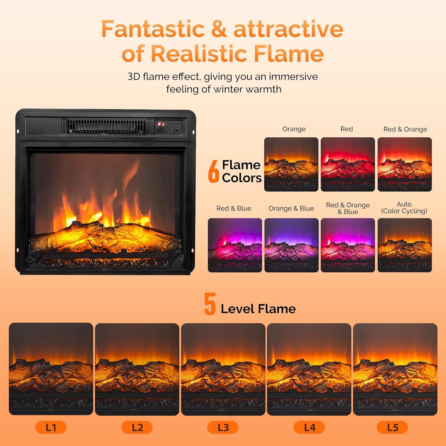 18" Recessed Electric Fireplace Heater Insert With 6 Colors Flame, Remote, APP