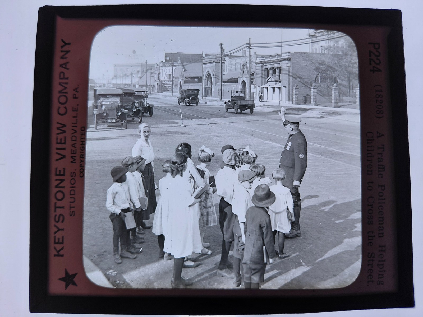 Magic Lantern Glass Slide Photo Keystone P224 Traffic Policeman Helping Children