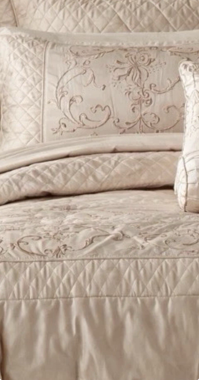 Winstone 10 Piece Luxury Comforter Queen Bed Set Satin Champagne, Peach Scroll