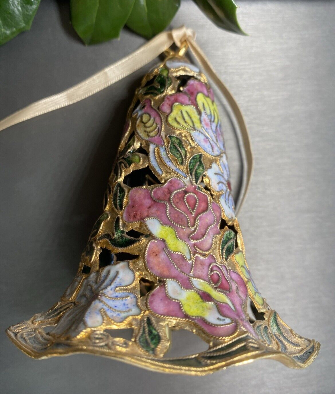 Vintage Bell Cloisonne Enamel Estate Pre-Owned Hand Crafted Bird Flower Pierced
