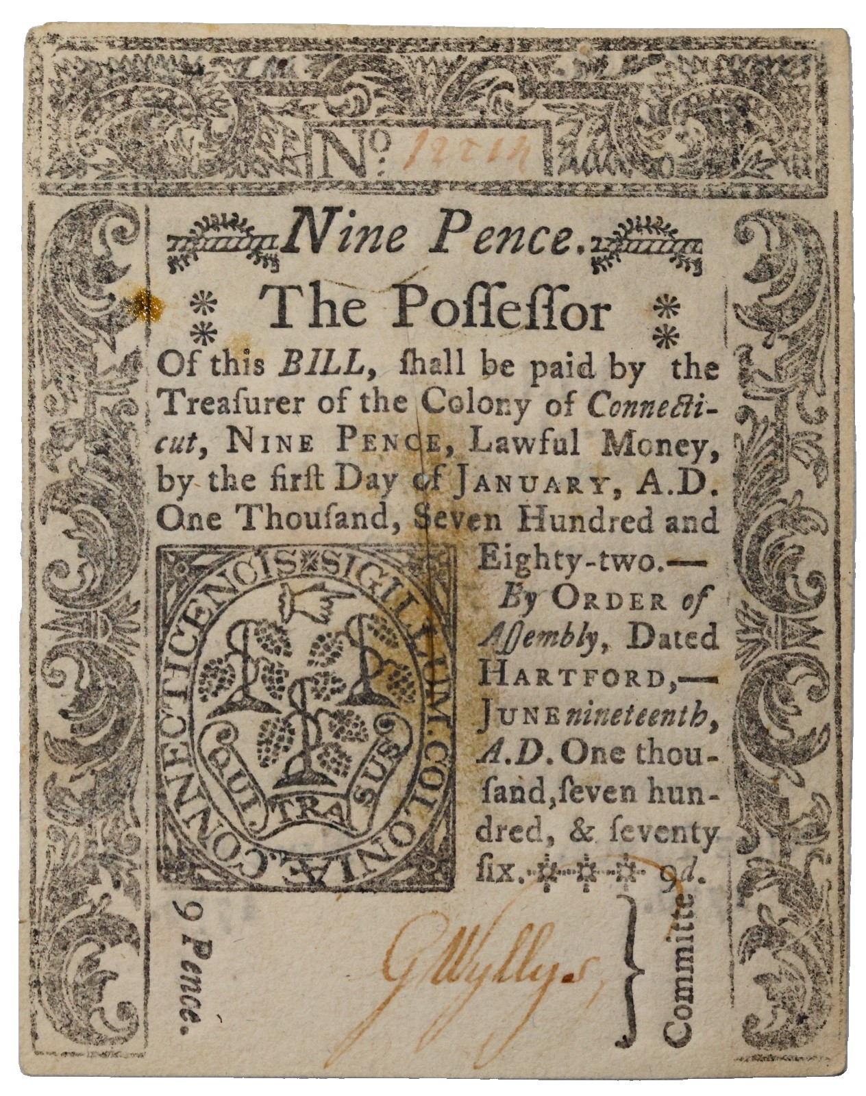 June 19th 1776 Hartford Connecticut Nine Pence Colonial Currency Note CT-206