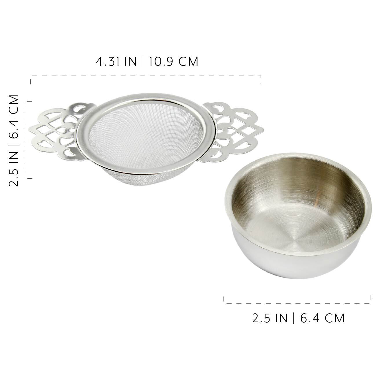 Empress Tea Strainers with Drip Bowls, 2pk Stainless Steel for Loose Leaf Tea