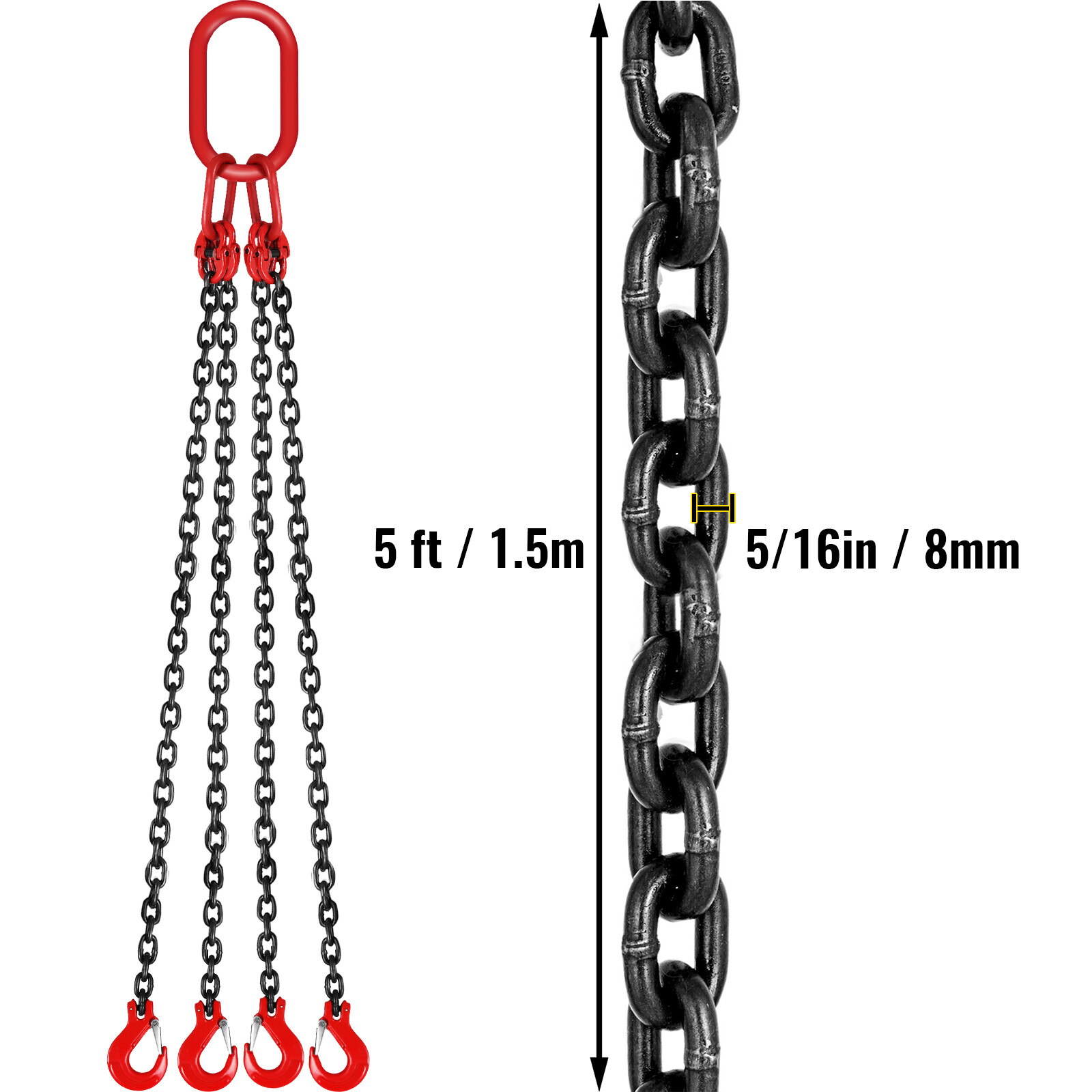 VEVOR 5/16" 5FT Chain Sling 4 Legs with Sling Hooks G80 Lifting Chain Sling