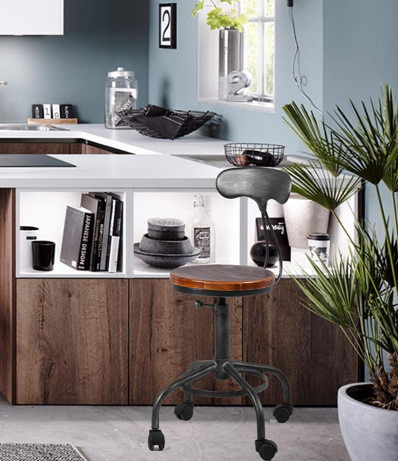 Industrial Adjustable Swivel Kitchen Stools with Wheels, Set of 2