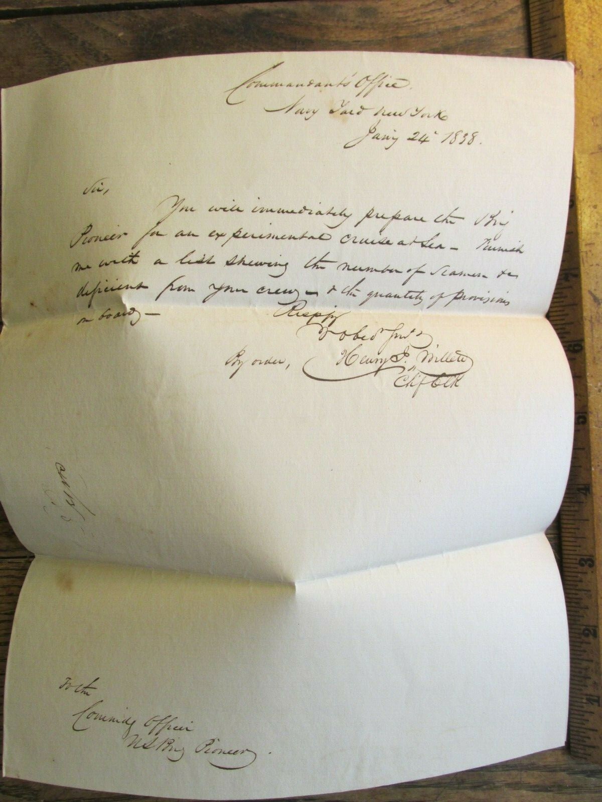 Antique Ephemera 1838 US Navy Yard NY Letter Document US Brig Pioneer Sea Cruise