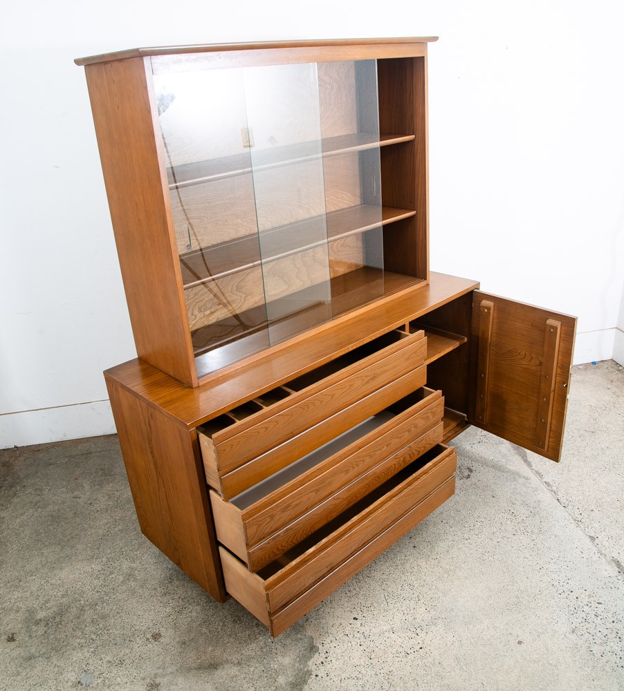 Mid Century Modern China Cabinet 3 Drawers Solid Wood MCM Vintage Hutch Glass