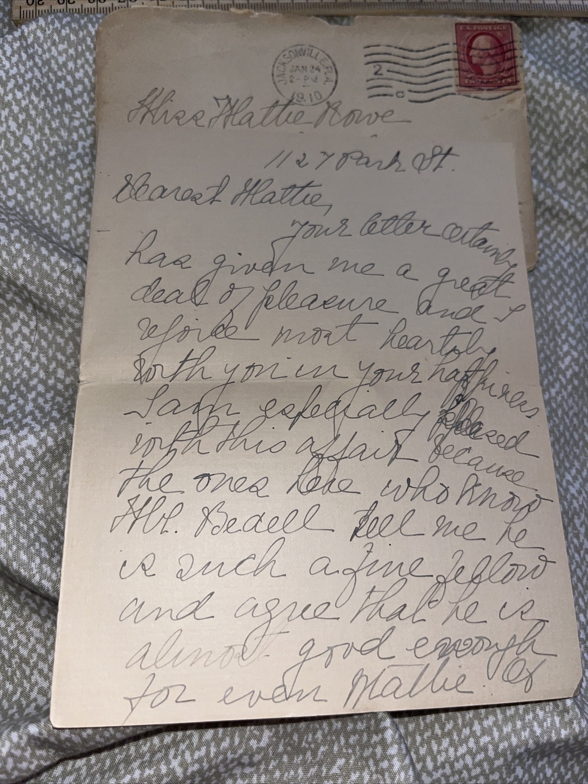 Antique 1910 Letter from Jacksonville FL Florida to Ossining NY New York