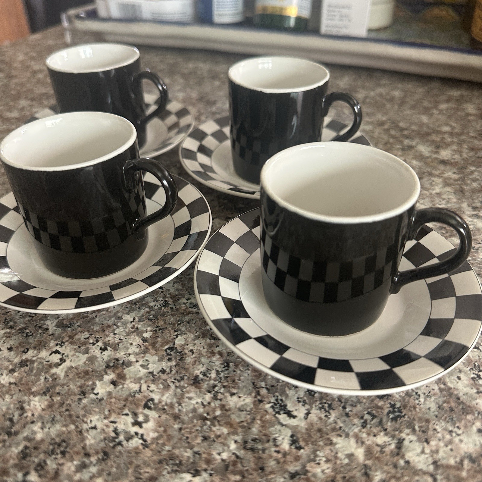 Vintage Retro Cappuccino Cup Saucer 4 Sets Black White Checkered Coffee