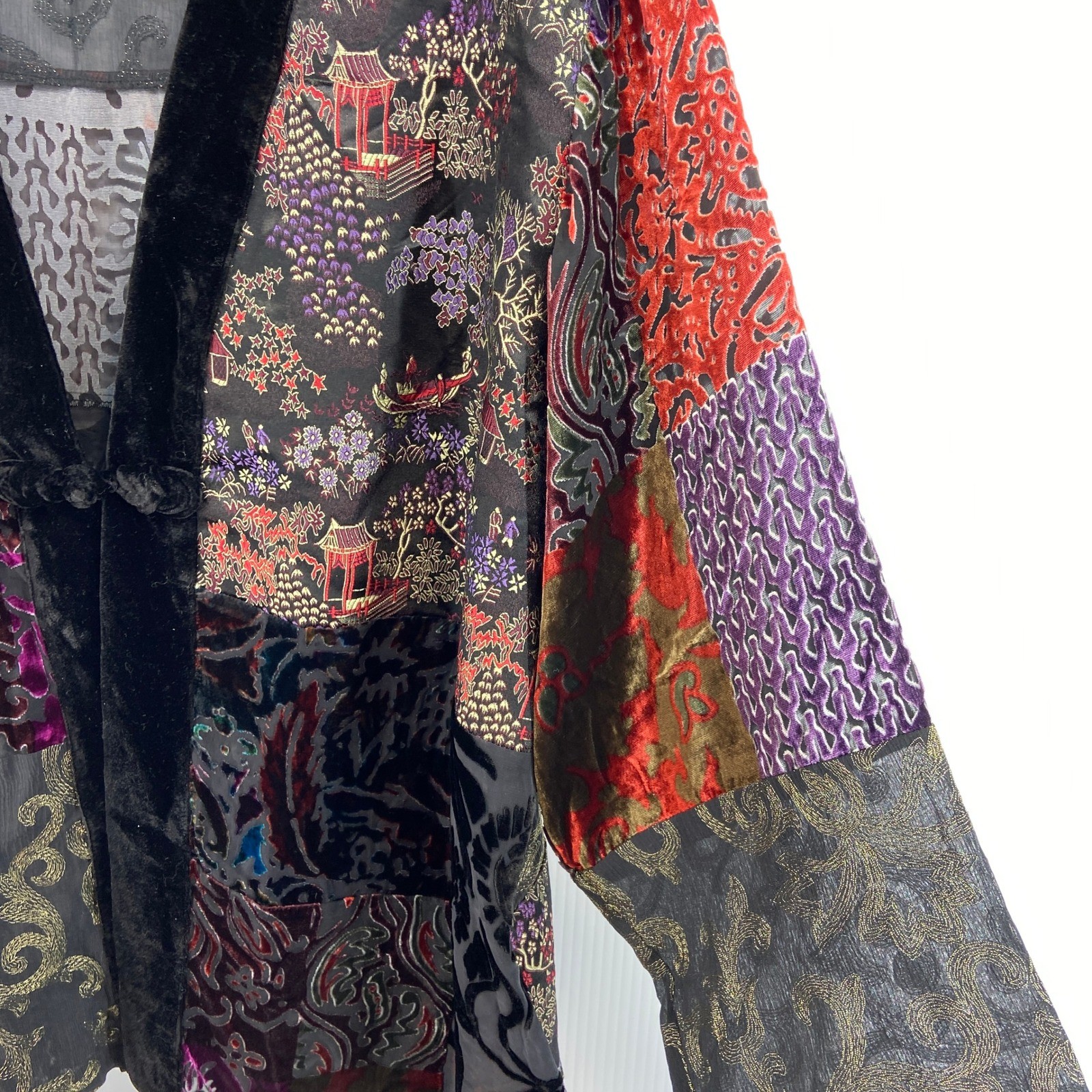 Chicos Patchwork Velvet Burnout Kimono Yukata Jacket Black Floral Womens 3 XL 16
