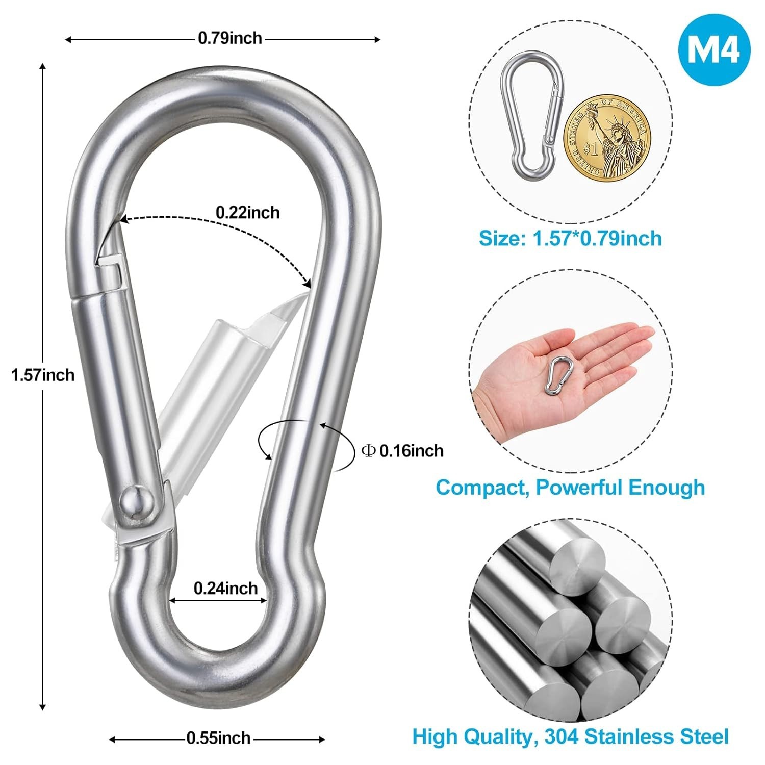 10 PCS Stainless Steel Carabiners Spring Snap Hooks Heavy Duty Keychain Clip NEW
