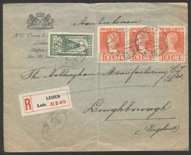 1924 Netherlands Leiden To UK Register Cover With 4 Stamps & Advertising