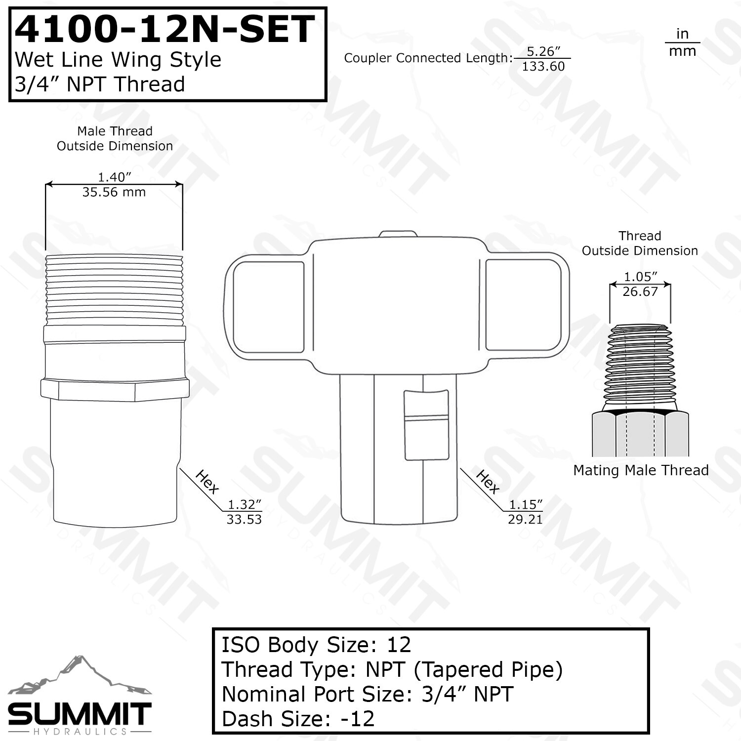 3/4" NPT Wet-Line Wing Nut Hydraulic Quick Disconnect Coupler / Coupling Set