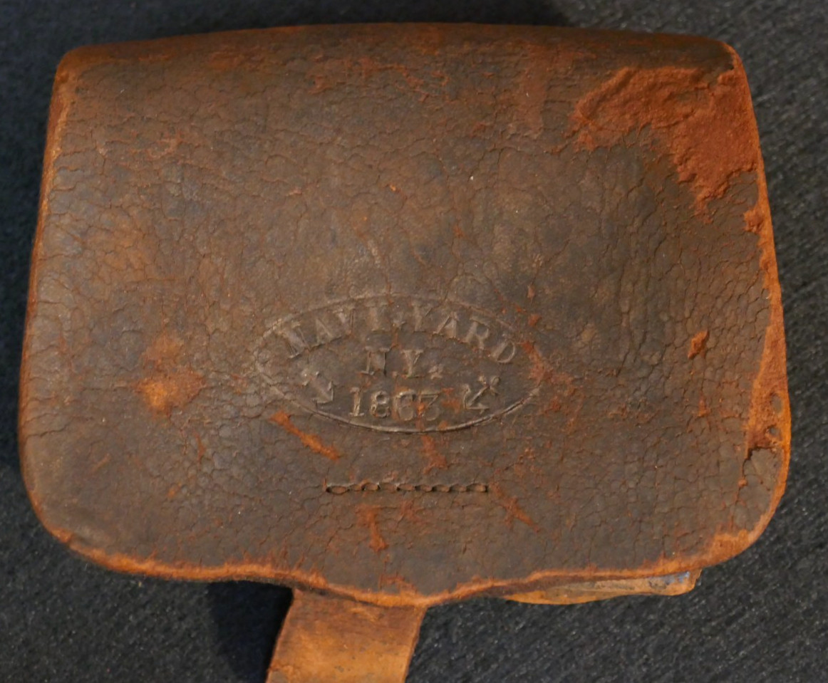 Civil War USN Cannoneer Fuse Box 'Navy Yard NY 1863' Brown Leather Pouch, Rare