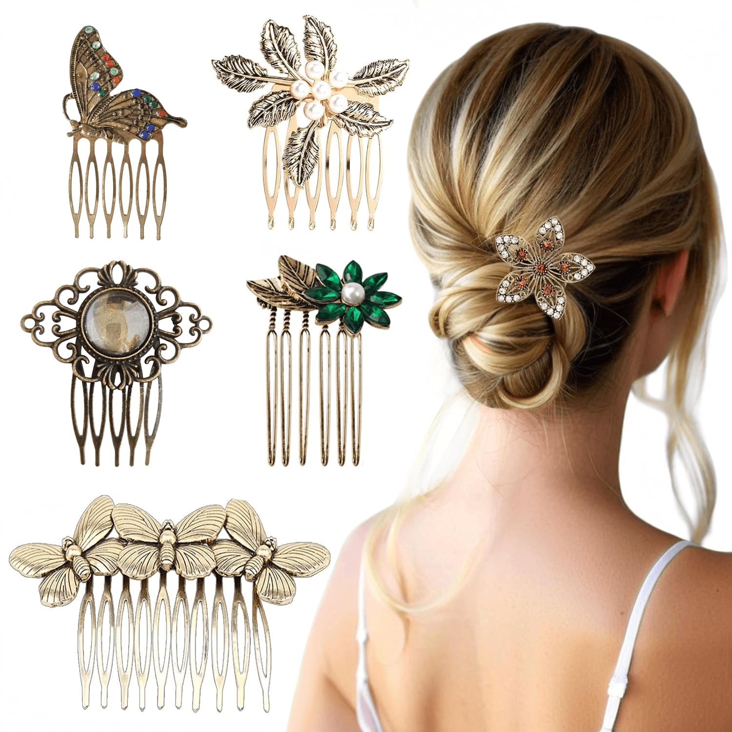 6 Pack Vintage Hair Side Combs for Women Decorative,Butterfly Flower Leaf Pea...