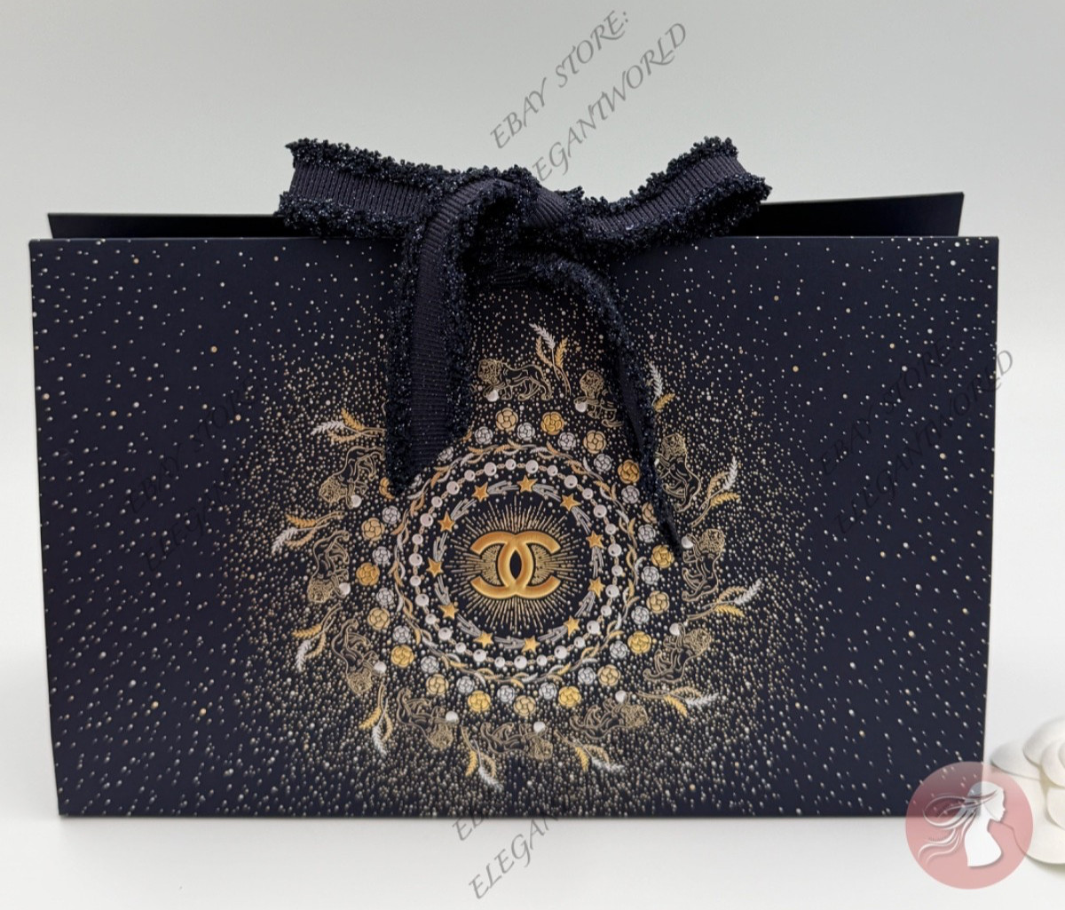 CHANEL Origami Signature DARK BLUE GIFT BOX w/ Ribbon & Tissue 8.75" x 5.5" x 3"