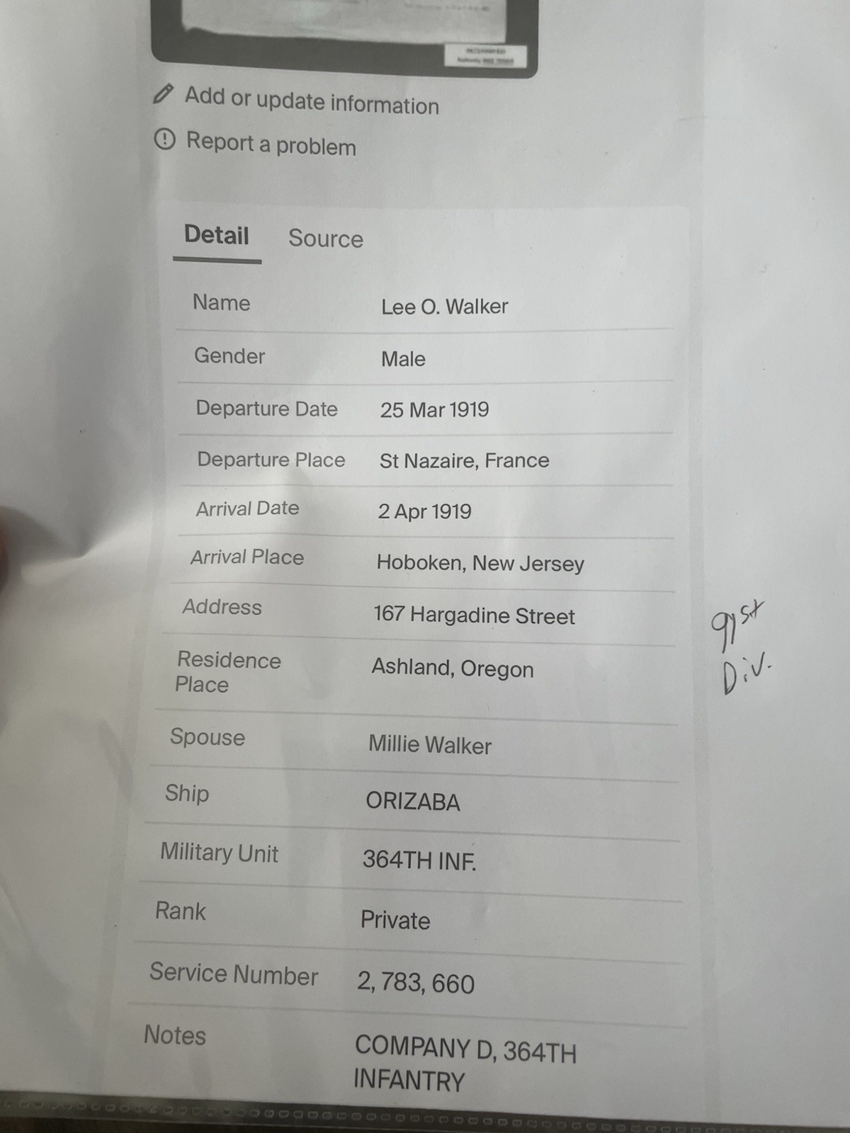 WW1 US Army Dog Tag 91st Division-france