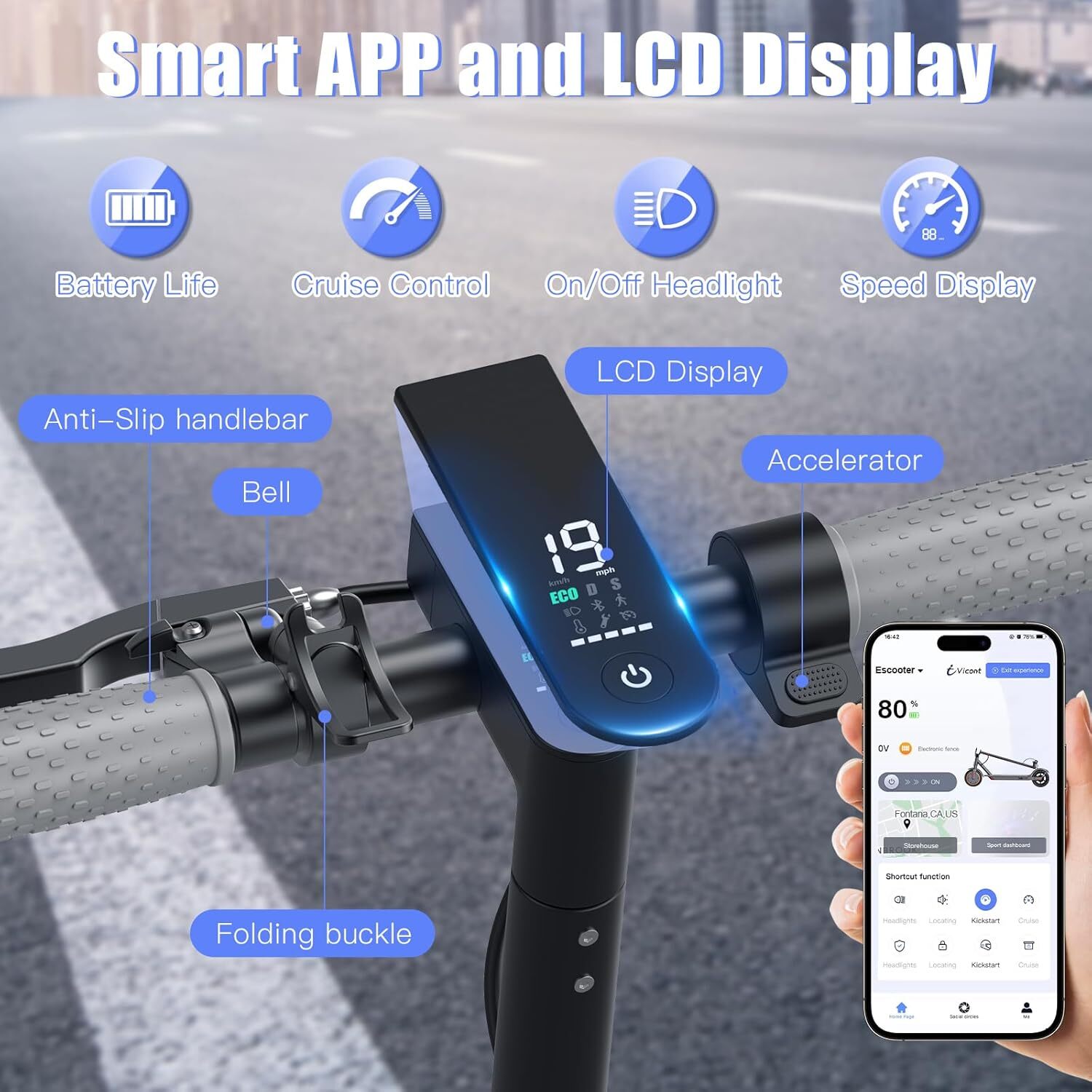 350W Electric Scooter for Adults 19MPH 21Miles Foldable w/APP, phone holder