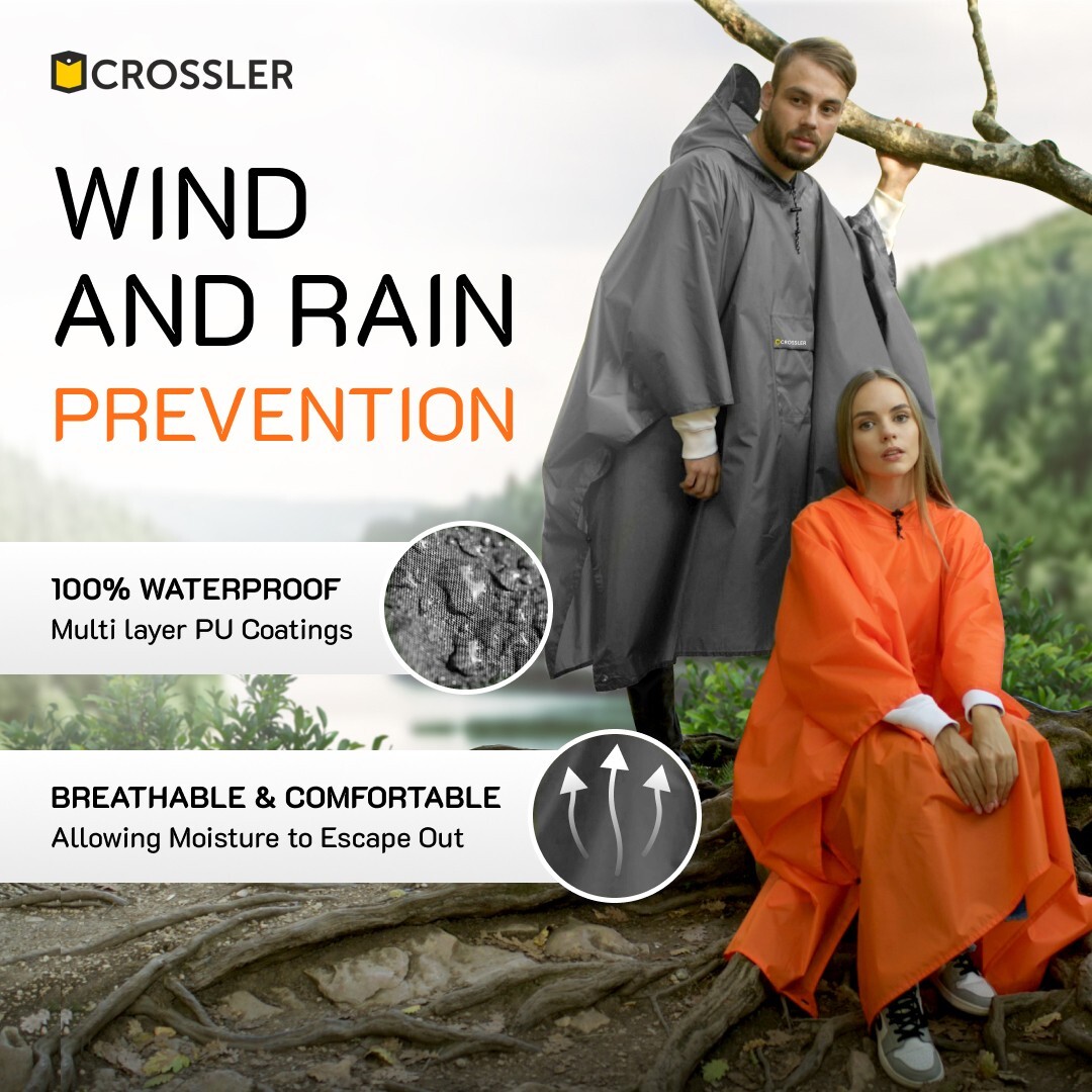 CROSSLER Hooded Rain Poncho with Pocket, for Men Women Adult, 3-in-1 Waterproof