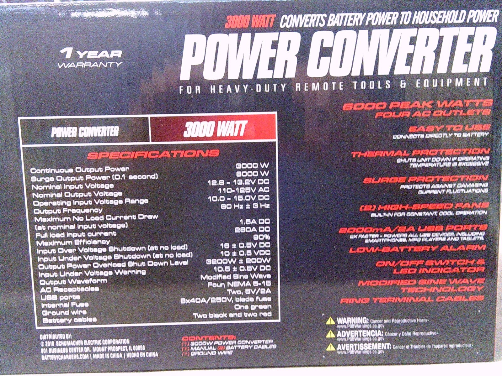 Schumacher Electric PC-3000 3000W Running / 6000W Peak DC to AC Power Inverter