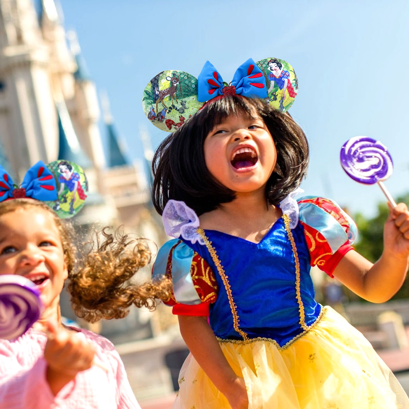 Disney~Parks 100 Decades Snow White Minnie Mouse Ears Blue Bow Apple Headband