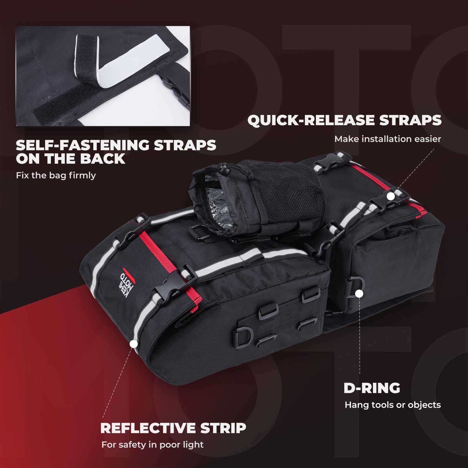 KEMiMOTO ATV Fender Bag Pack Luggage Storage Cargo Black For Sportsman Yamaha