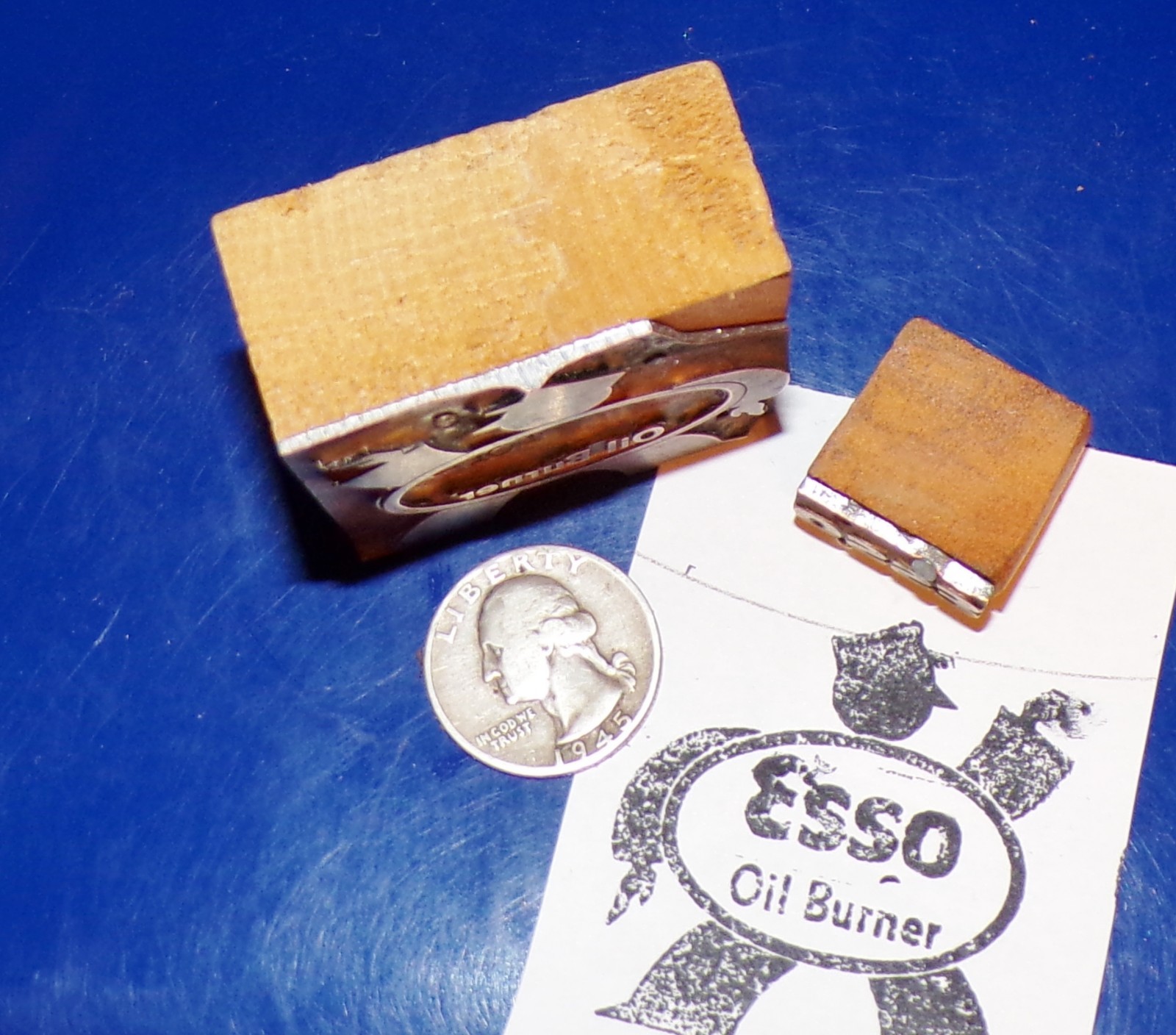 Vintage "Esso Oil Burner" 2pc Wood and Copper Letterpress Printers Blocks