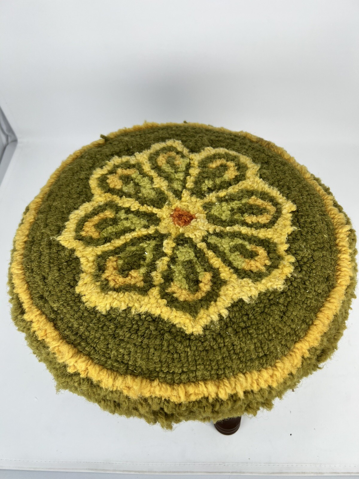 Vtg Round Footstool Floral Hooked Rug Top Wooden Legs MCM 8.75 x 12” Avacado