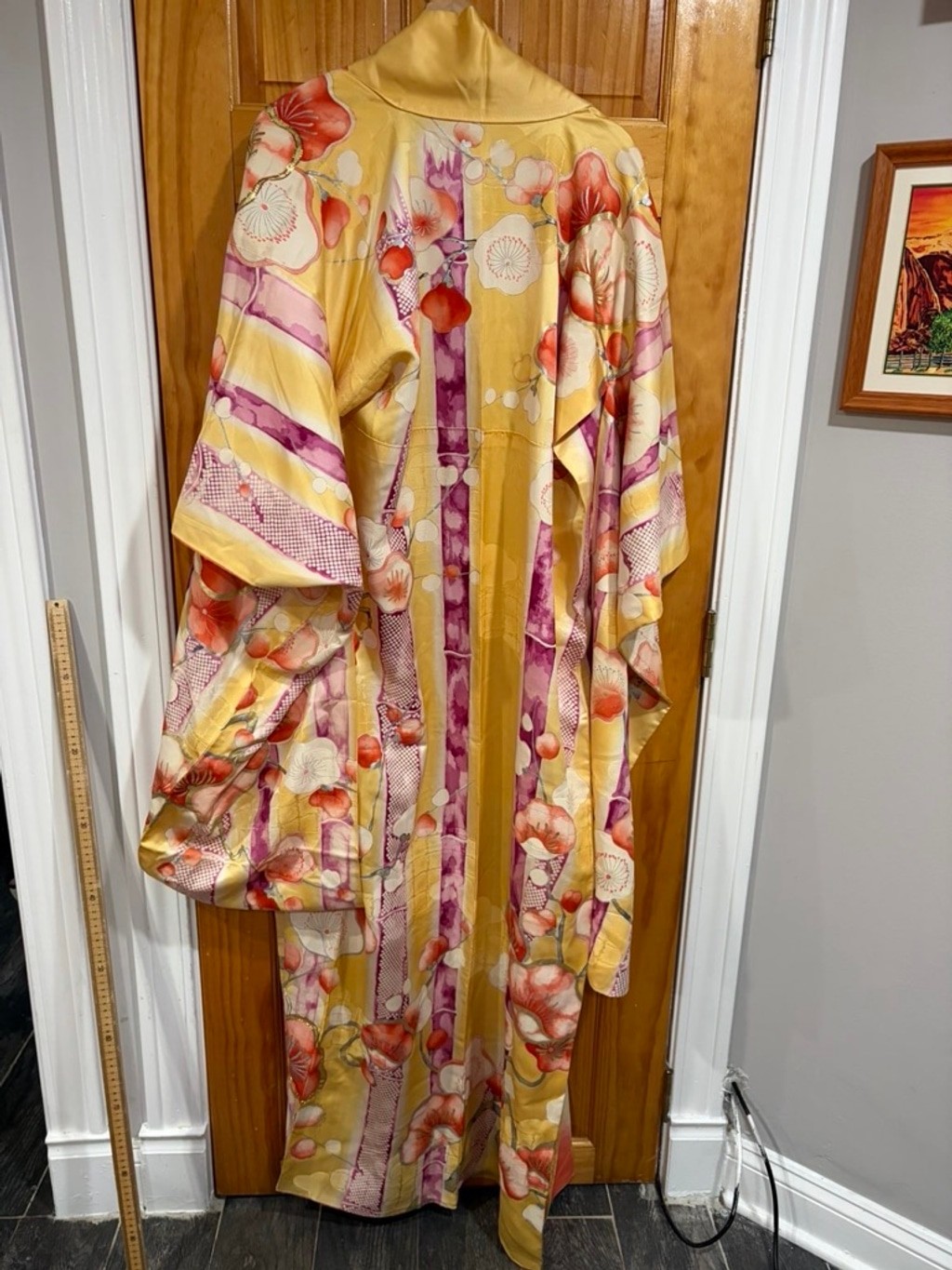 Vintage Mitsukoshi Silk Kimono Yellow Floral Gold Handpainted Long Robe Japan