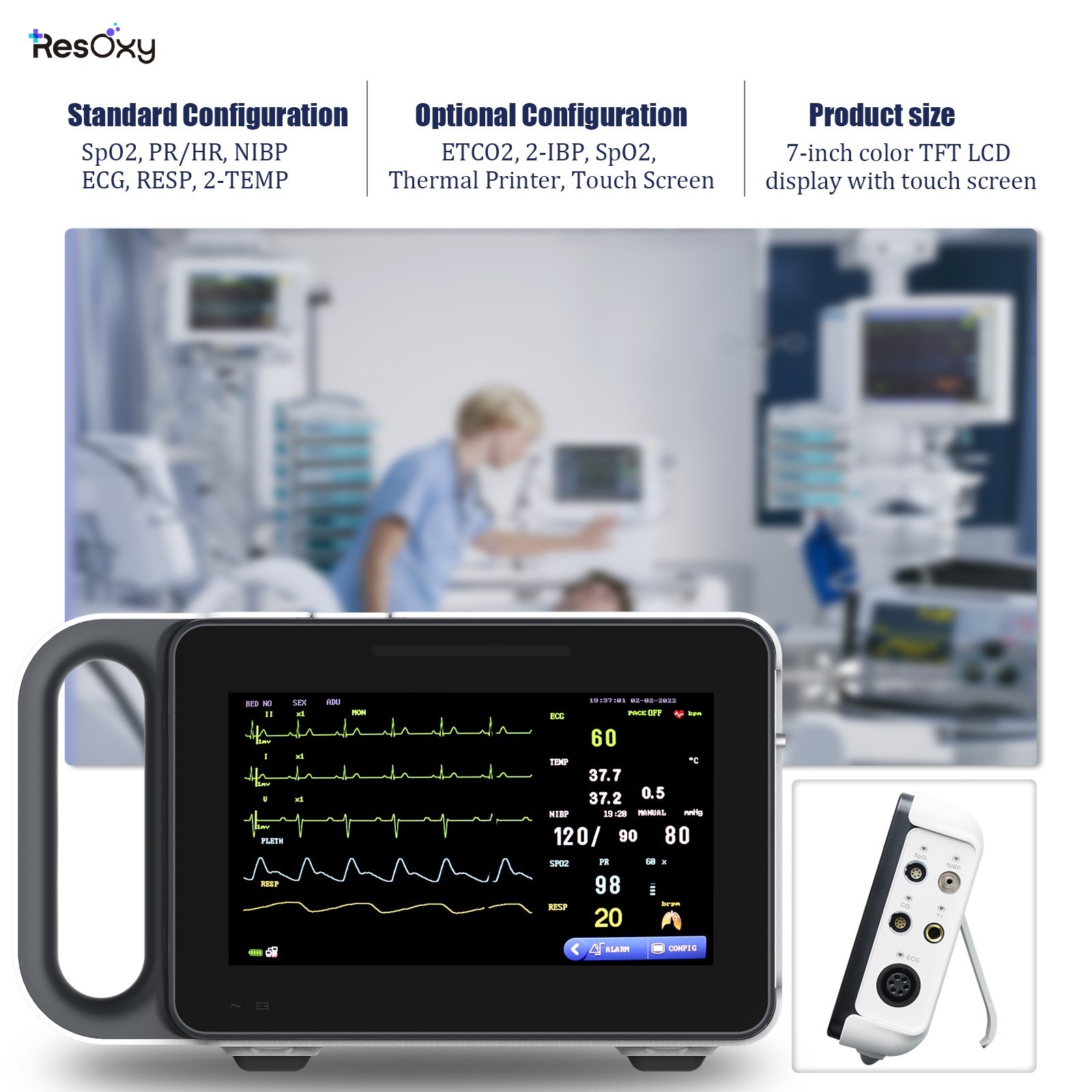Multi-parameter Patient Monitor Vital Signs Monitor ECG/NIBP/TEMP/RESP/SPO2/PR