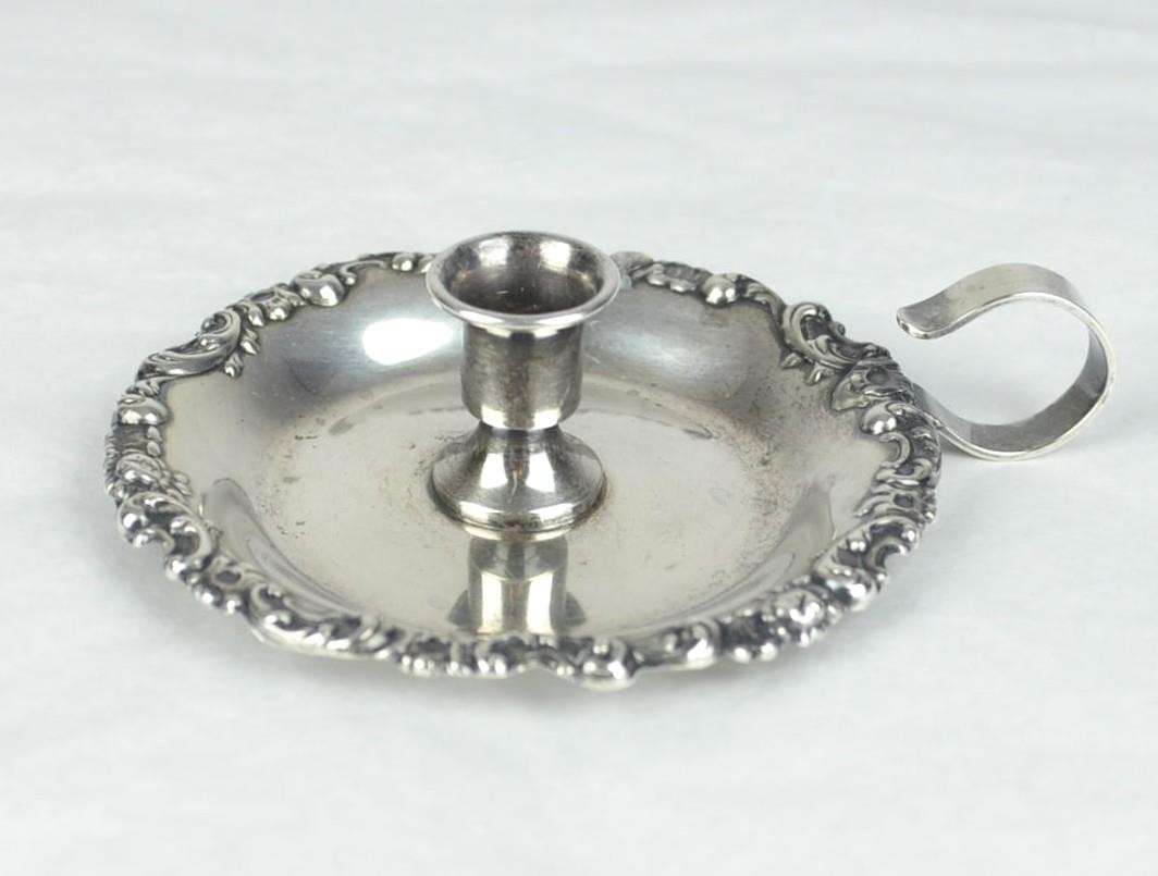 STERLING SILVER REPOUSSE RIM TAPER CANDLE HOLDER WITH FINGER RING - 31.9 GRAMS