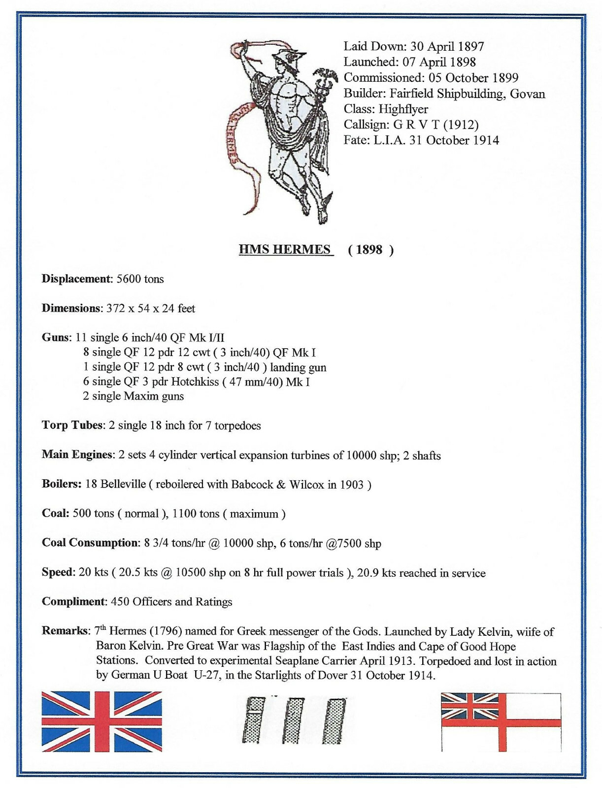 ROYAL NAVY CRUISER HMS HERMES 1898 8 X10 PHOTOGRAPH WITH BONUS STATS SHEET
