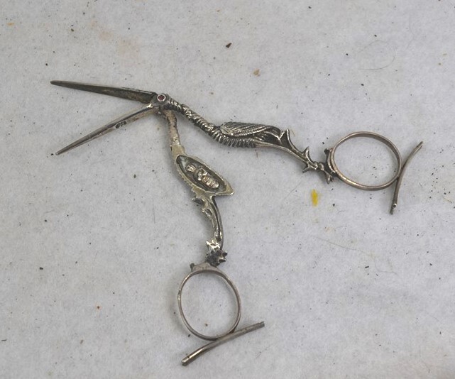 early period midwife stork umbilical clamp babies 19th c silver original antique