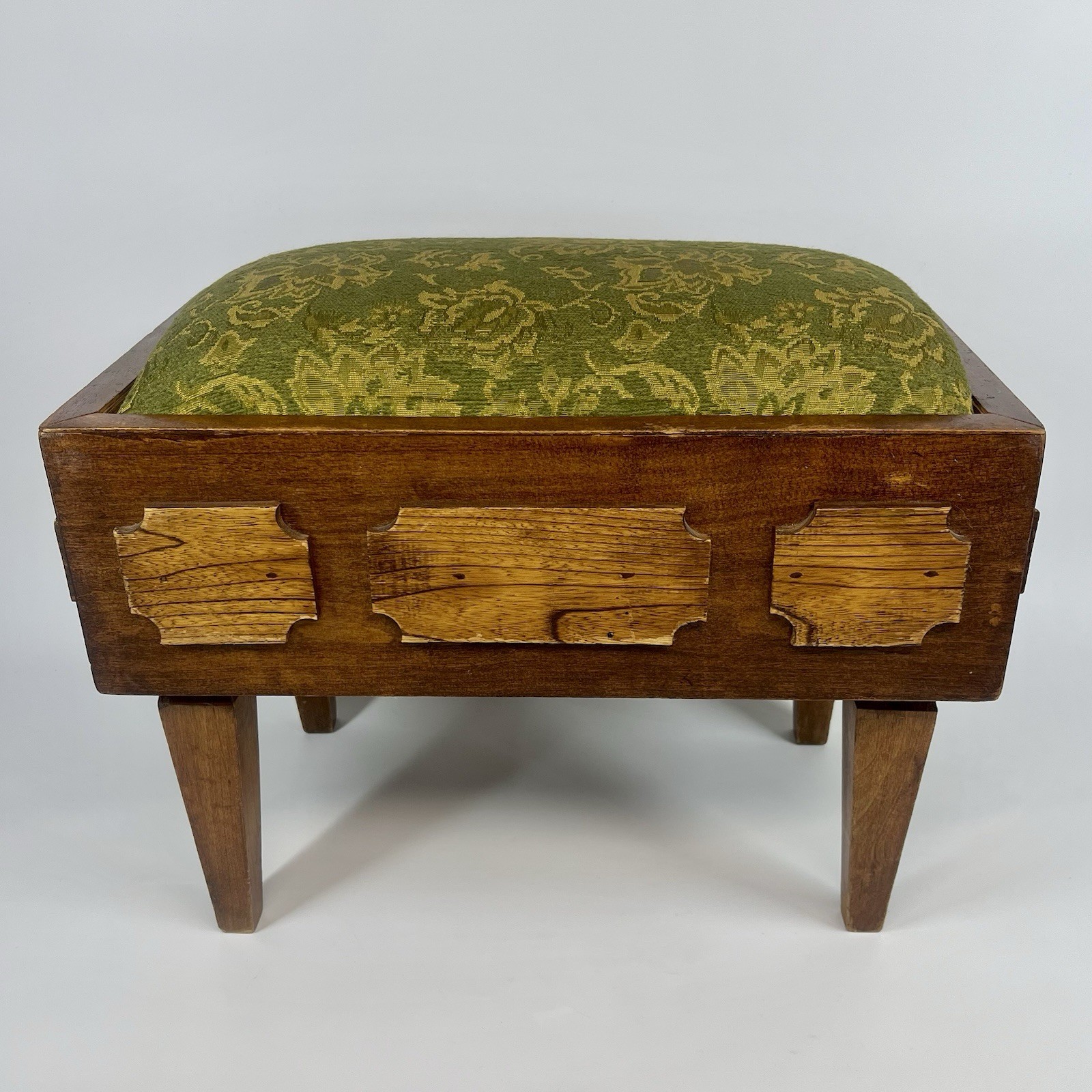 Antique Mission Style Arts & Crafts Wood Foot Stool w/ Green Damask Fabric Top