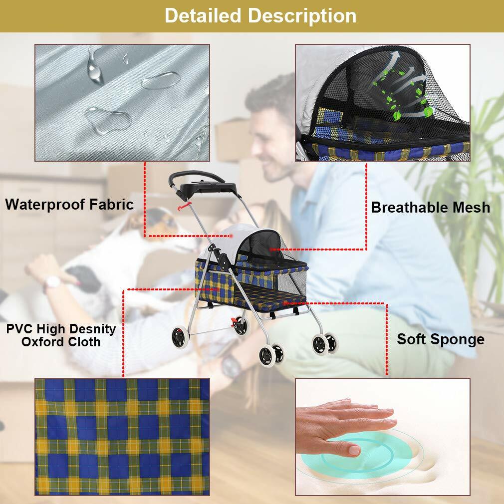 4 Wheels Pet Stroller Folding Cat Dog Cage Stroller Travel Carrier W/Cup Holder