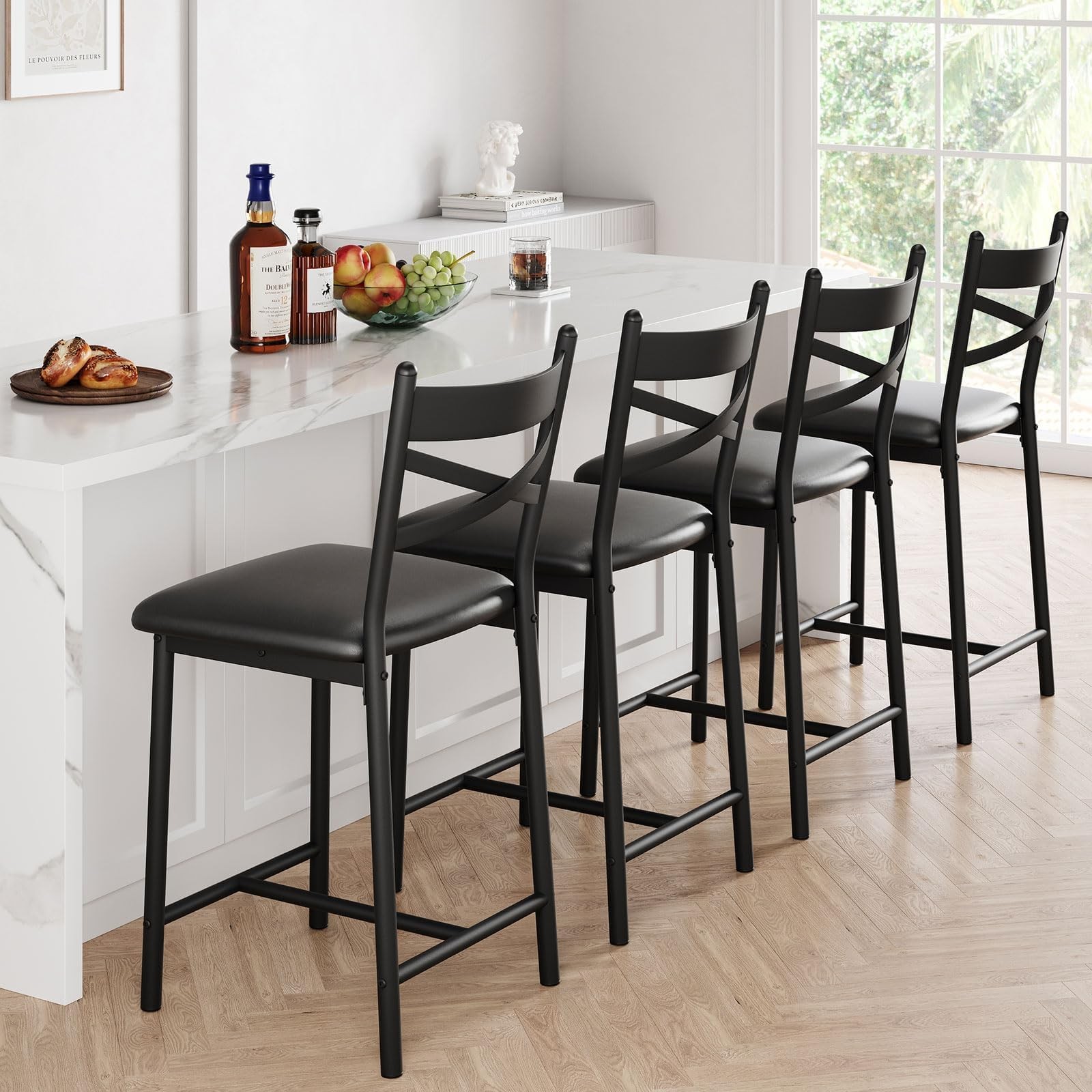 Set of 4 Counter Height Stools with Metal Frame Ergonomic Pu Leather Bar Stools