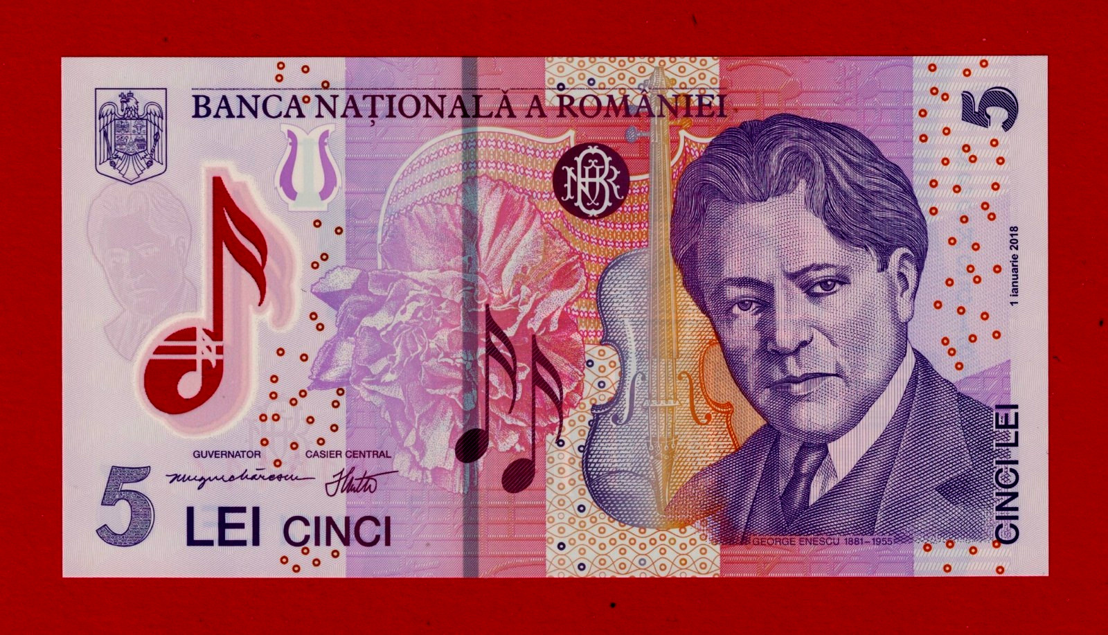 ROMANIA 5Lei 2018 / 2023 UNC Polymer GEROGE ENESCU Musician & Politician (P-118)