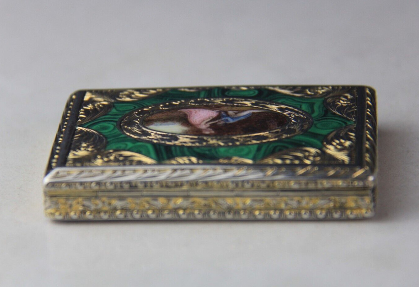 German Parcel Gilt 800 Silver & Enameled Rectangular Snuff Box w/ Courting Scene
