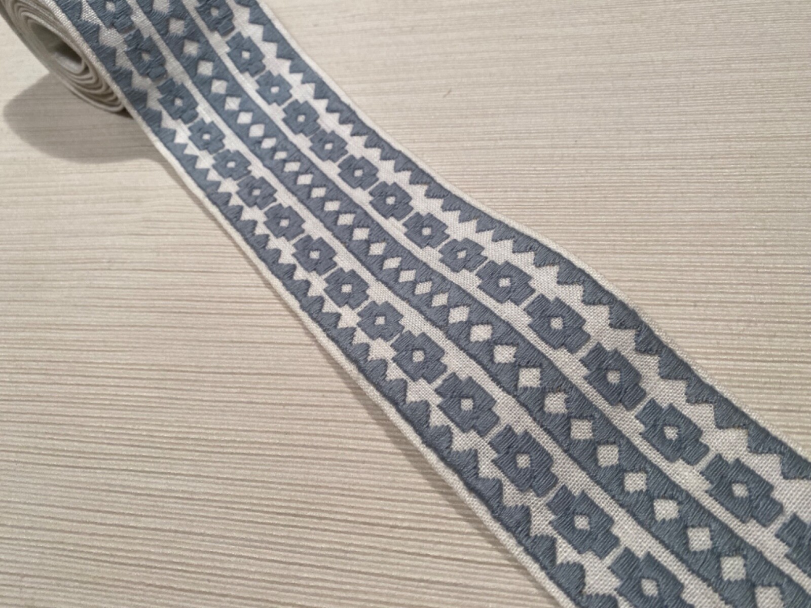 SCHUMACHER 79920 Talitha Tape Sky 85% Linen Embroidered Passementerie Trim BTY