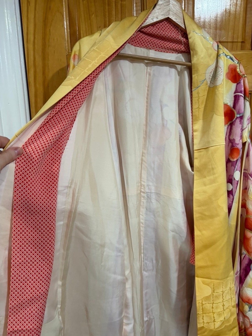 Vintage Mitsukoshi Silk Kimono Yellow Floral Gold Handpainted Long Robe Japan